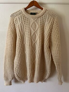 Vtg Gaeltarra Handcrafted Ireland Cable-Knit Crewneck Fisherman Sweater Cream 42